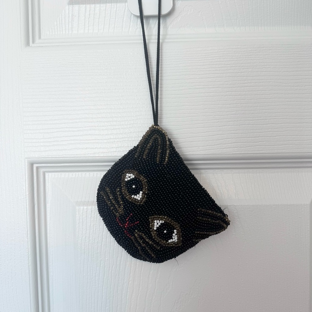 Vintage Art Deco handmade beaded black cat coin purse AS IS